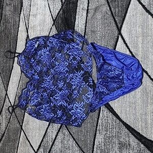 VINTAGE LADY CAMEO DALLAS SHEER BLUE & BLACK FLORAL DESIGN 2 PIECE LINGERIE SET